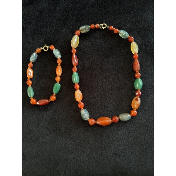 Vtg Gemstone Necklace & Bracelet Set Semi Precious Polished Beads Hand Knotted - Picture 1 of 8